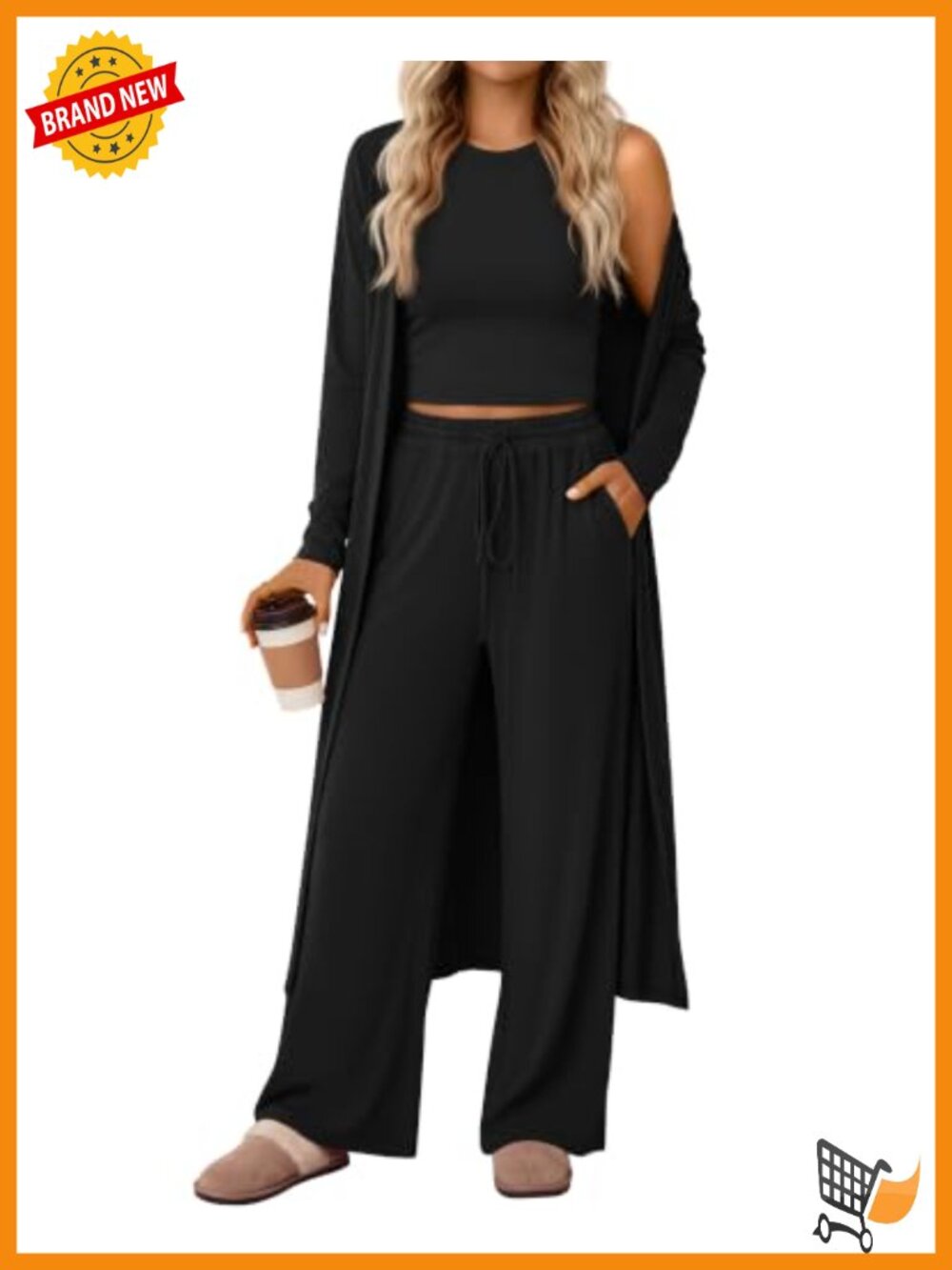 3 Piece Lounge Set Cardigan Tank Wide Leg Pants Travel Airport Women's